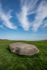 Large boulder resting on lush green grass under a blue sky