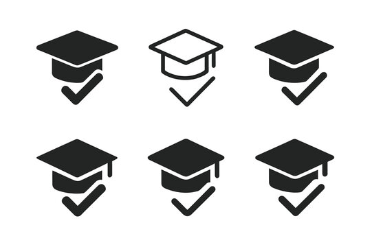 Grading System Logos. Online grading system. Icon set. Set Logo of Online grading system: graduation cap with check. harmonious logo variations of the same