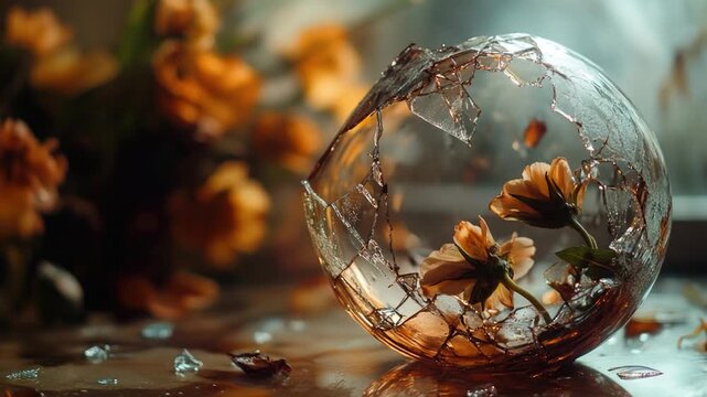 Video A clear glass ball with a crack is sitting on a table, broken and fragile