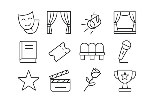 Theater Icon Collection. Theater performance. Line icon set of theater performance: mask pair, curtain, spotlight, stage, script, ticket, chair row,