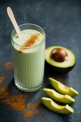 Green avocado smoothie garnished with cinnamon and wooden stirrer