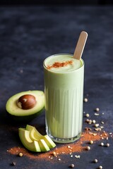Healthy avocado smoothie garnished with spice and served with fresh fruit