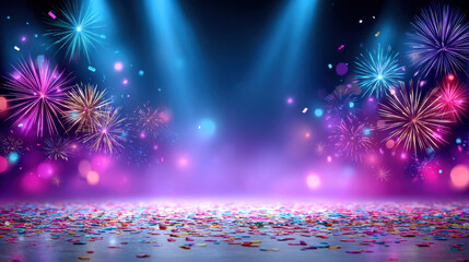 Colorful fireworks celebration stage confetti spotlight crowd cheering neon bokeh festive atmosphere