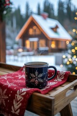 Cozy winter morning with hot drink and snowy cabin view