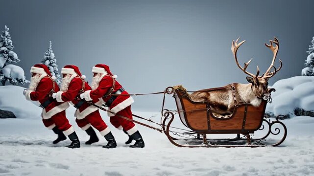 Comical Christmas role reversal with three Santa Clauses pulling a sleigh carrying a lazy reindeer through a snowy winter landscape.