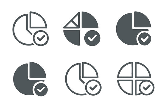Online Grading Icons. Online grading system. Icon set. Set Logo of Online grading system: analytics pie chart with tick. harmonious logo variations of the same