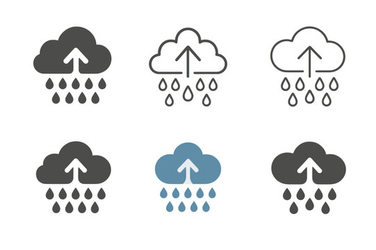 Rain Formation Logos. How rain is formed. Icon set. Set Logo of How rain is formed: warm air updraft. harmonious logo variations of the same emblematic
