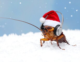 A comical insect sporting a Santa hat and headphones, standing in a snowy landscape with a light blue background