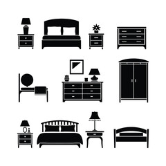 Black silhouettes of bedroom furniture including beds dressers and nightstands