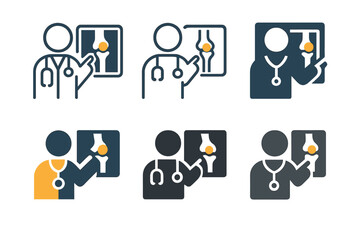 X-ray Logo Variations. Doctor explaining X-ray results. Icon set. Set Logo of Doctor explaining X-ray results: orthopedic knee X-ray with highlighted joint.
