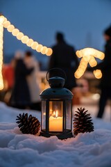 Glowing lantern with pine cones in snow at dusk, bokeh lights background