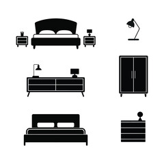 Black silhouette icons depicting bedroom furniture arrangements and interior design elements
