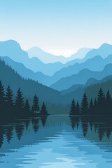 Serene blue mountain range reflected in calm lake with pine trees