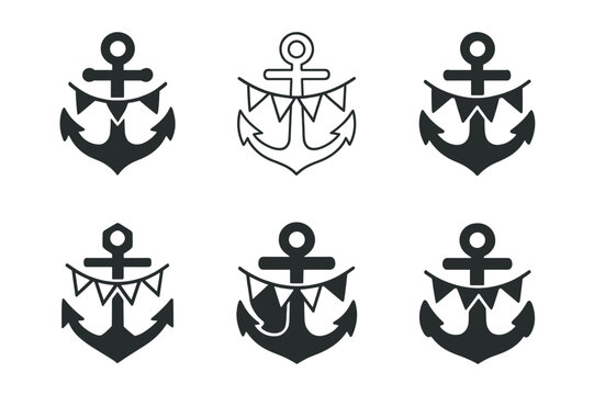 Nautical Emblem Logo Variations. Themed parties and events. Icon set. Set Logo of Themed parties and events: nautical anchor with bunting. harmonious logo