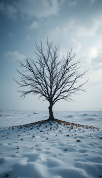 A lonely tree with no leaves in the snow