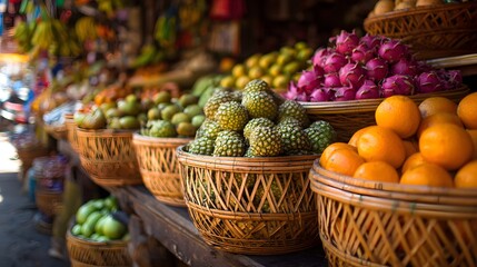 Various tropical fruits are displayed in woven baskets at an outdoor market stall
