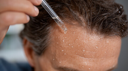 Textured close-up of the manâs scalp and hair strands as oil drips delicately from a clear pipette, emphasizing nourishment and self-care