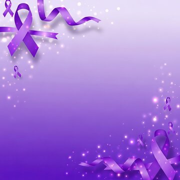 Purple awareness ribbons and sparkling lights on a gradient background