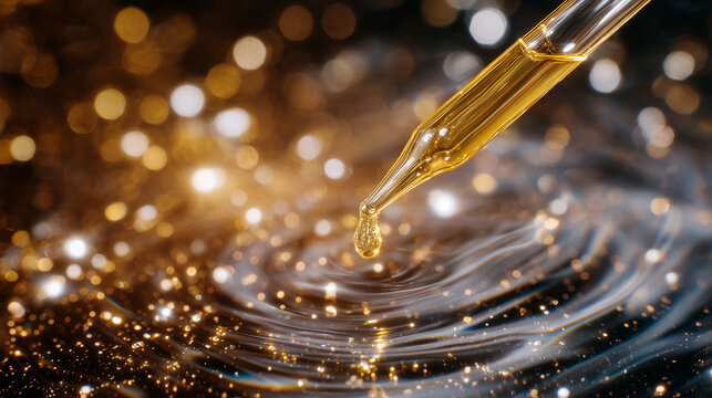Macro shot of a golden oil droplet descending from the pipette toward the manâs roots, illuminated dramatically against a blurred background
