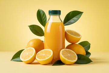 Bottle of fresh orange juice with lemons and green leaves on yellow background