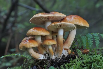 Cluster of honey mushrooms with wet caps on mossy forest floor