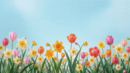 Fototapeta premium Bright spring flowers and green grass under a blue sky with soft clouds.