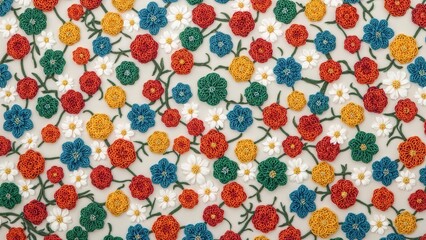 Colorful crocheted flower pattern with red, yellow, blue, green, and white flowers and green leaves.