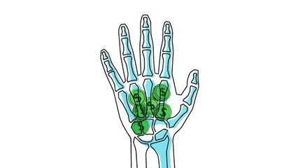 Fototapeta premium Detailed illustration of a human hand skeleton with highlighted green wrist bones on a white background.