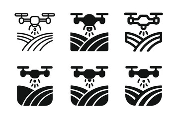 Agricultural Drone Icons. Drones in agriculture for field monitoring. Icon set. Set Logo of drones in agriculture for field monitoring: crop sensor. harmonious