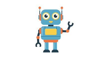 A light blue stylized cartoon robot with orange accents waving one wrenchlike hand