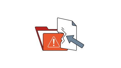 Flat design illustration of a white document being moved into a red warning folder with a caution symbol, on a plain white background.