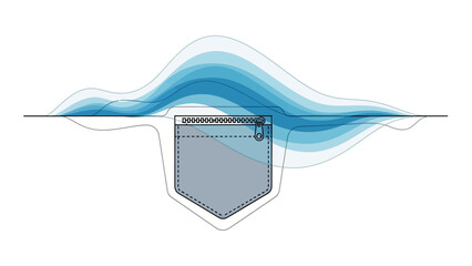 Graphic illustration of a pocket with a wavy blue line above it on a white background with a minimalist design.