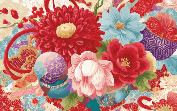 Arreglo floral japon&eacute;s vibrante con crisantemos y motivos tradicionales en ilustraci&oacute;n vectorial colorida.