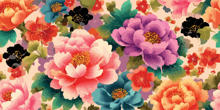 Fondo floral vibrante estilo acuarela con peon&iacute;as orientales y hojas verdes, patr&oacute;n de tela