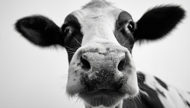 Close-Up Black And White Cow Portrait On White Background With Humorous Expression: A Quirky Farm Animal Focus-Farm Animals.
