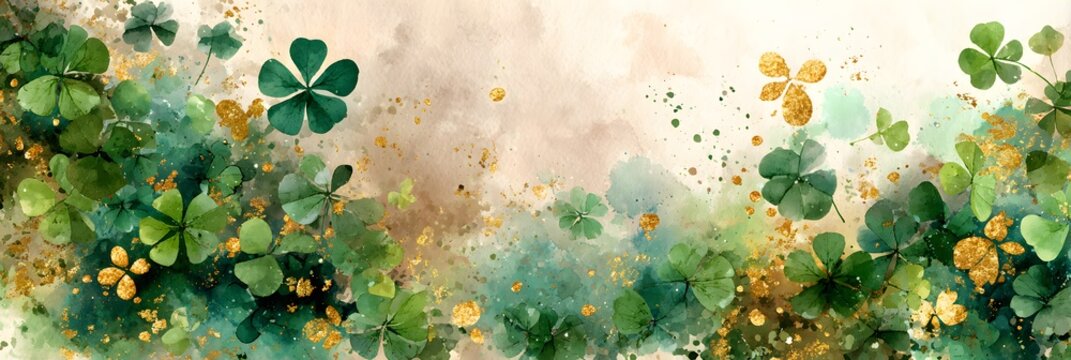 Artistic watercolor border of fresh green clovers with golden splashes symbolizing luck, spring nature and St. Patrick’s Day celebration.