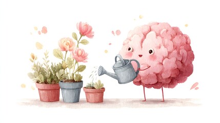 Cheerful pink brain character watering flowers in pots, representing personal growth, mindfulness and nurturing a healthy mindset.