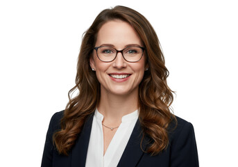 Professional portrait of a smiling woman with glasses and brown hair wearing a blazer transparent background