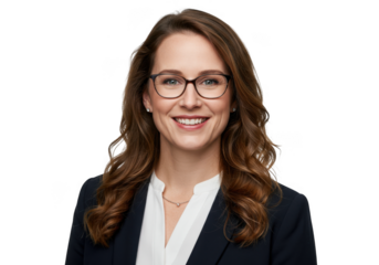 Professional portrait of a smiling woman with glasses and brown hair wearing a blazer transparent background