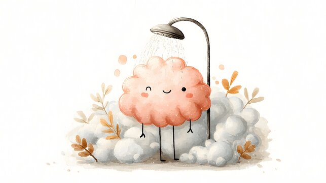 Adorable pink brain character enjoying a relaxing shower with soap bubbles, symbolizing mental hygiene, stress relief, and self-care in a playful watercolor style.
