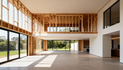 Twostory wall continuation with balloon framing in an openplan house showcasing spacious interior framing and natural light entering through wide window openings.