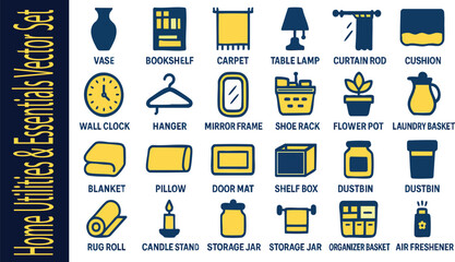 Home Essentials Vector Set: A collection of various household items designed with a modern and clean aesthetic. This set is a visual guide for home organization and decor