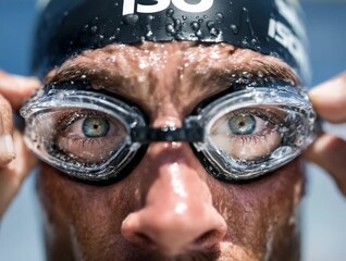 Swimmer prepares for competition with focused expression and clear goggles in bright outdoor setting