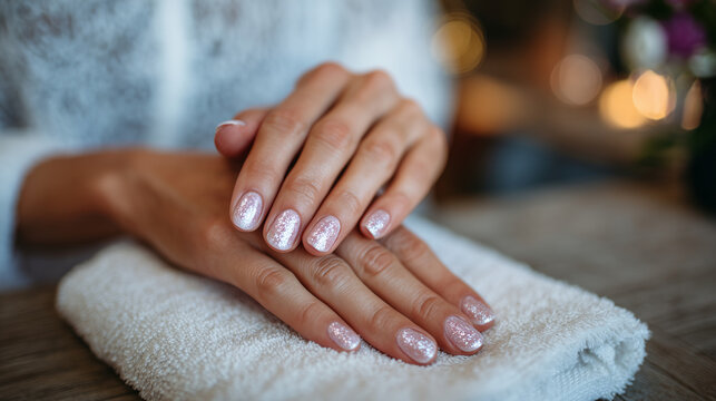 Close-up of long nails being polished with shiny coating, emphasizing meticulous beauty routine