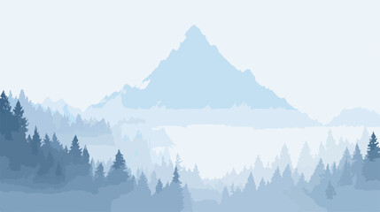 Paisaje minimalista de monta&ntilde;as nevadas y bosque de pinos en tonos azules y blancos, estilo vector.