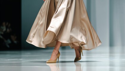 Fashion Show: Stunning Women'S Clothing Featuring Beige Satin Skirt And High Heels, Modeled With Elegance At Runway Event.