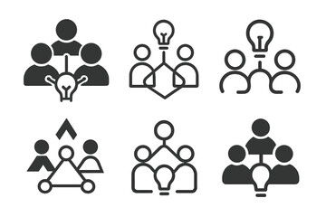 Workplace Creativity Icons. Employee-driven innovation. Icon set. Set Logo of workplace creativity: people connected by idea nodes. harmonious logo variations