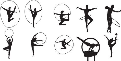 Silhouette collection of gymnasts performing with hoops and rings on white