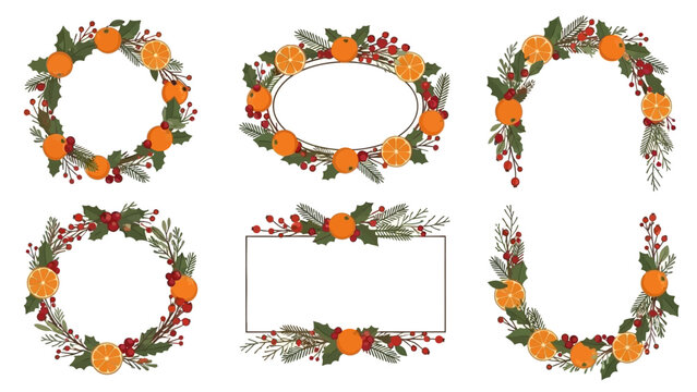 Festive Christmas Wreaths and Frames Decorated with Oranges and Holly Berries for Holiday Celebrations