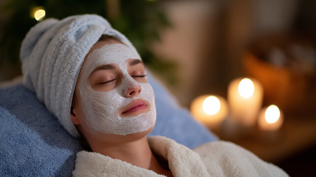 Close-up of a woman lying back with a creamy facial mask applied, soft candlelight glowing in the background, serene home spa atmosphere - Powered by Adobe
